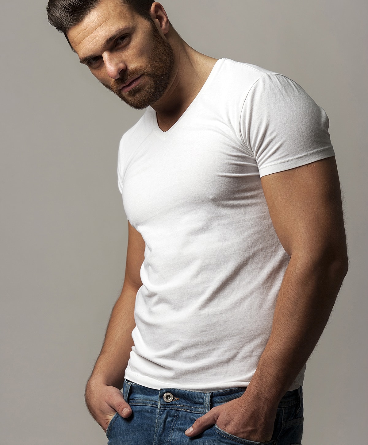 Fayetteville Gynecomastia Surgery model with blue jeans.