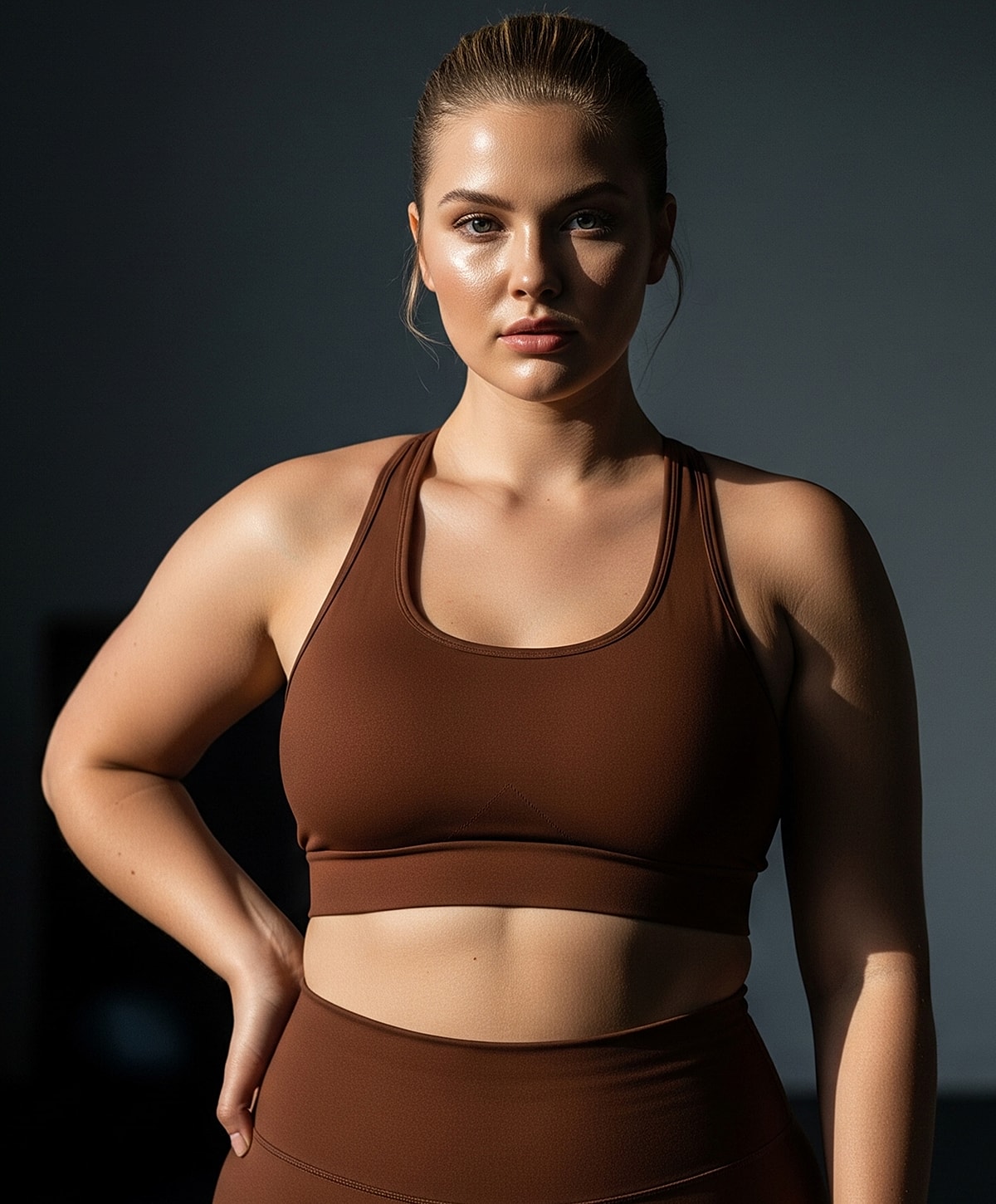 Model in brown activewear, confident pose, natural lighting.